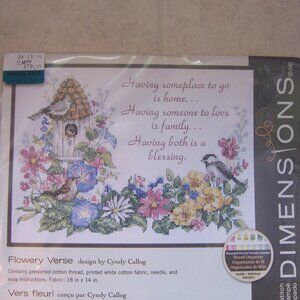 Vintage DIMENSIONS Flowery Verse 3160 Stamped Cross Stitch Kit Birds Floral NEW
